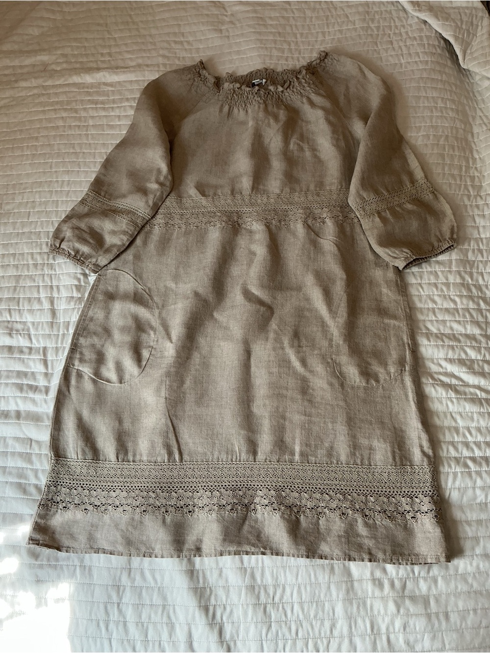 J. Jill Light Cream 100% Linen Crochet-Trim Midi Dress - Picture 3 of 7